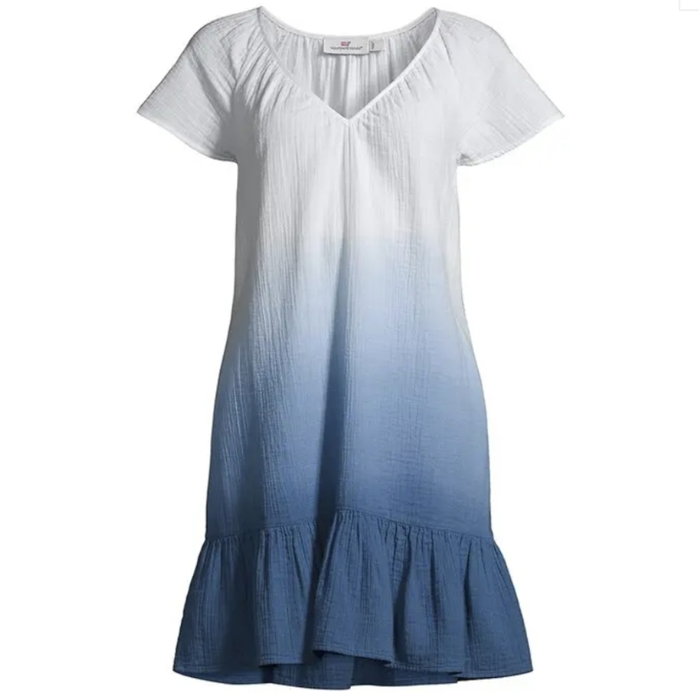 Vineyard Vines Dip-Dye Breezy Coverup Dress Moonshine V neck Ruffle 100% cotton